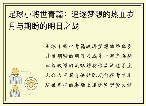 足球小将世青篇:追逐梦想的热血岁月与期盼的明日之战 足球小将世青篇:追逐梦想的热血岁月与期盼的明日之战
