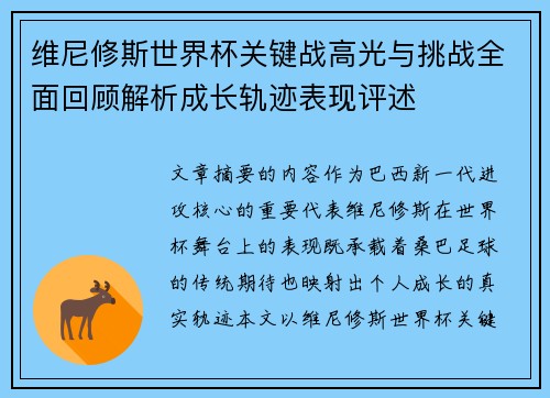 维尼修斯世界杯关键战高光与挑战全面回顾解析成长轨迹表现评述