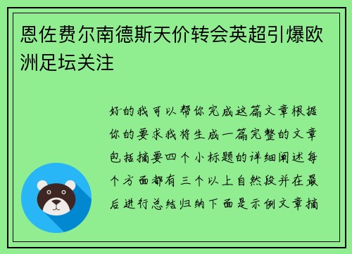 恩佐费尔南德斯天价转会英超引爆欧洲足坛关注
